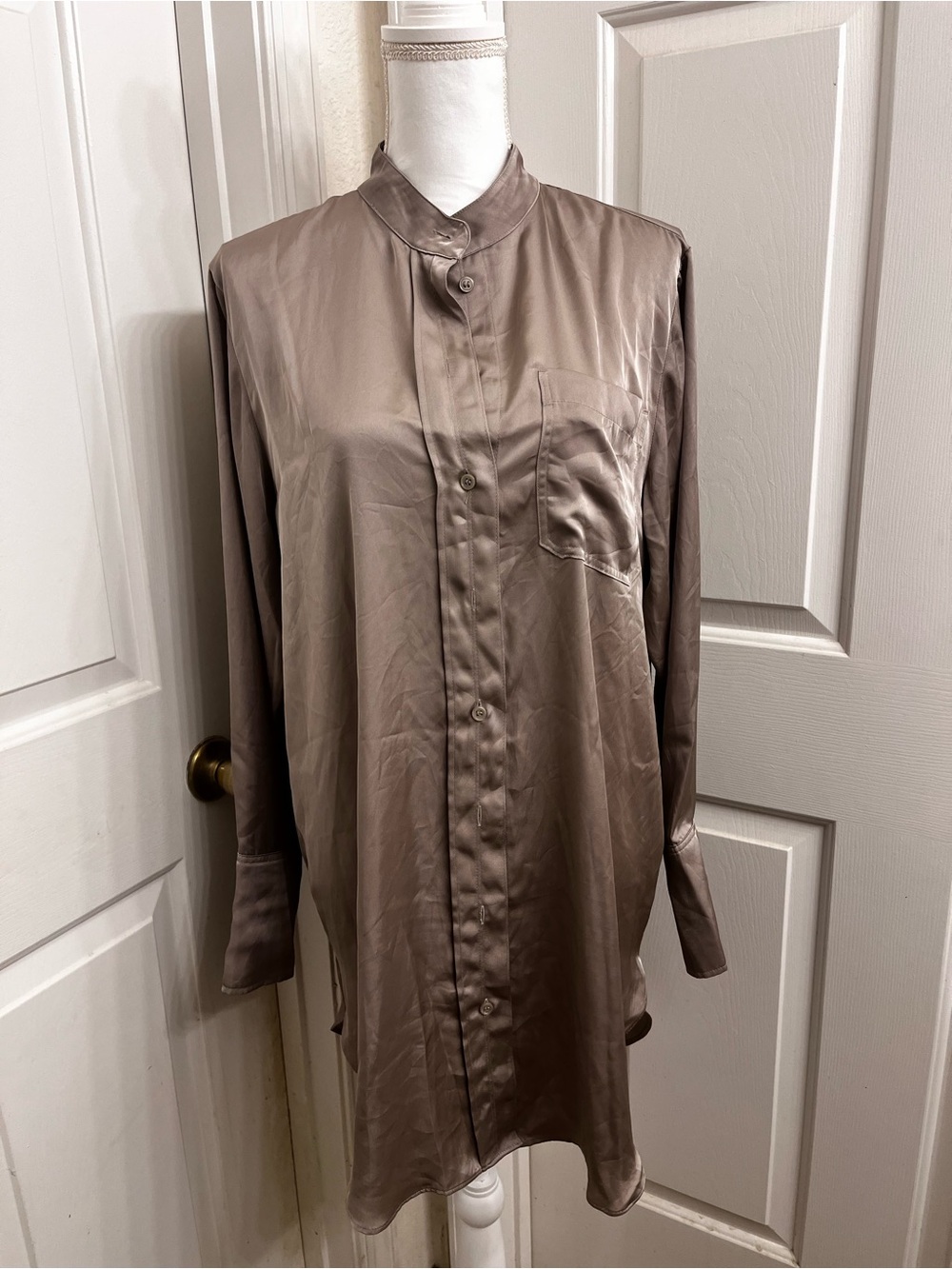 H&M Taupe Satin-Look Midi Shirt Dress